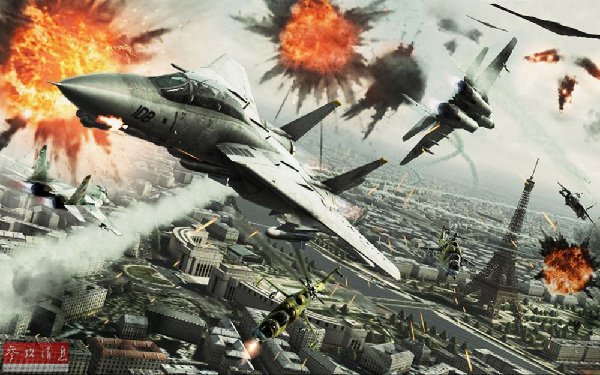 36.图为2011年出品的《皇牌空战 突击地平线》网战模式截图，可见F-14与米格-29机群在巴黎上空展开激烈“狗斗”。