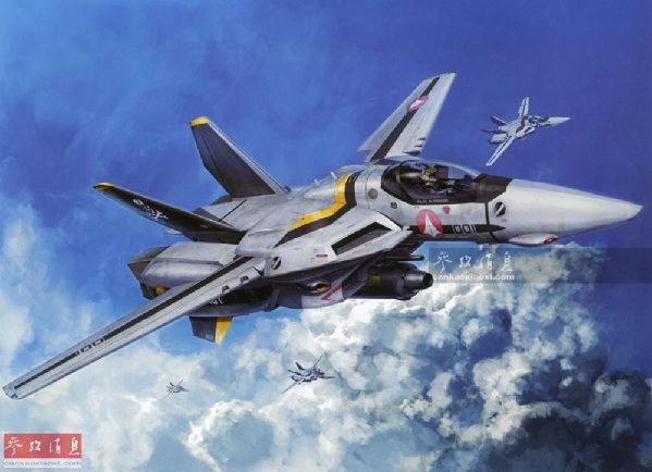 34.图为日本著名机械设定师河森正治基于F-14设计的VF-1S“女武神”变形战斗机，双垂尾、可变后掠翼设计，甚至包括VF-84中队的“海盗旗”徽标均有保留。