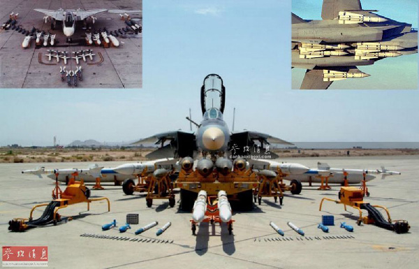 11.每架F-14最多可挂6枚“不死鸟”，但标准作战挂载只挂4枚，同时还可挂2枚AIM-7“麻雀”中距弹和2枚“响尾蛇”格斗弹。除一门20毫米M61A1“火神”六管加特林航炮外，F-14机身、翼下总计10个挂点可搭载6.6吨重的各种武器弹药，大图为伊朗空军进行F-14地面武器展示，左小图为美海军F-14武器展示，右小图为满挂6枚AIM-54飞行的F-14。